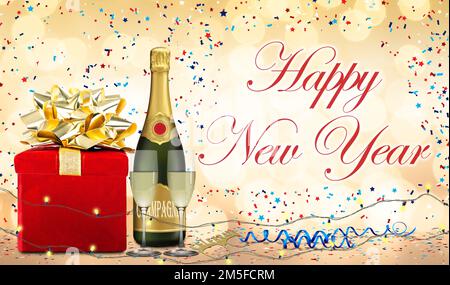 Décoration de vacances et célébration de fête concept avec message de bonne année entouré de confetti. Boîte cadeau, champagne, verres et banderoles de fête et Banque D'Images