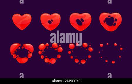 Image-objet d'explosion cardiaque, image de séquence d'animation vectorielle avec cœur de dessin animé rouge disparaissent dans l'air. Love sort, boom comic book effet, ui ou gui storyboard motion et diffusion vfx effet Illustration de Vecteur