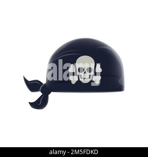 Bande passante noire de pirate. Accessoire de vêtements Corsair Sailor, buccaneer ou filibuster, casque vecteur isolé caraïbe ou pirate, bandana avec crâne humain Jolly Roger, os croisés Illustration de Vecteur
