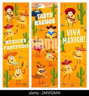 Jetons de nachos mexicains, cowboy, caractères de robber et shérif, bannières vectorielles. Viva Mexico, fête fiesta avec la restauration rapide mexicaine nacho chips dans le sombrero avec maracas ou bandits avec chapeau et pistolet revolver Illustration de Vecteur