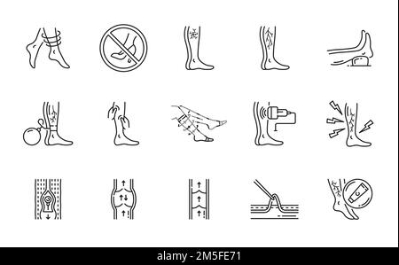 Icônes de traitement varices, maladie de thrombose des veines des jambes et symboles de vecteur chirurgical. Varices ou jambes varices vasculaires insuffisance de circulation, traitement médical et les icônes de ligne de thérapie prophylactique Illustration de Vecteur