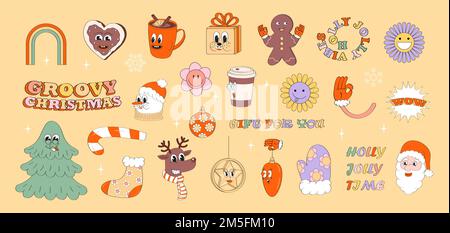 Ensemble de vecteurs rétro de personnage de la mascotte du nouvel an. Holly jolly cadeau, fou, groovy carte de noël. Année 60s, 70s caractères de salutation. Pain d'épice. Illustration de Vecteur