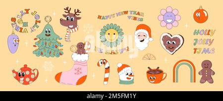 Ensemble de vecteurs rétro de personnage de la mascotte du nouvel an. Holly jolly cadeau, fou, groovy carte de noël. Année 60s, 70s caractères de salutation. Pain d'épice. Illustration de Vecteur
