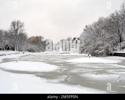 Scène de neige canadienne la semaine avant Noël. Un Brown's Inlet gelé et très enneigé sous un ciel gris d'hiver. Banque D'Images