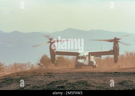 Un V-22 Osprey, avec le 1st amphibie Rapid Deployment Regiment (1ARDR) du Japon, insère des soldats japonais pour effectuer des exercices de manœuvres de combat bilatéraux avec les États-Unis Marines au camp Fuji, Japon, 15 mars 2022, Centre d'entraînement aux armes combinées (CATC). Les exercices ont permis au 1ARDR d'affiner ses manœuvres de combat pendant les opérations bilatérales afin de créer une force plus cohérente. Exercice de défense maritime la Brigade de déploiement rapide amphibie est un exercice bilatéral visant à accroître l'interopérabilité et à renforcer les liens entre les forces américaines et japonaises pour la défense du Japon. Banque D'Images