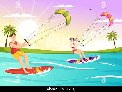 Illustration du kitesurf avec Kite Surfer debout sur le terrain de Kitboard dans la mer d'été dans les sports d'eau extrême modèle de dessin à la main de dessin à plat de dessin Illustration de Vecteur