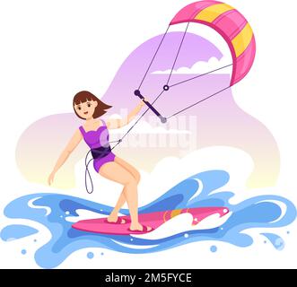 Illustration du kitesurf avec Kite Surfer debout sur le terrain de Kitboard dans la mer d'été dans les sports d'eau extrême modèle de dessin à la main de dessin à plat de dessin Illustration de Vecteur