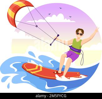 Illustration du kitesurf avec Kite Surfer debout sur le terrain de Kitboard dans la mer d'été dans les sports d'eau extrême modèle de dessin à la main de dessin à plat de dessin Illustration de Vecteur