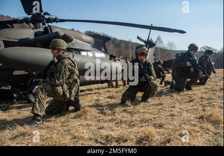 ÉTATS-UNIS Les parachutistes affectés à l'équipe de combat de la Brigade 3rd, la division aéroportée 82nd s'entraînent avec des alliés polonais à l'aide d'un FAUCON noir UH-60 lors de l'entraînement à charge froide à Bircza, en Pologne, au 15 mars 2022. La 82nd Airborne Division, basée à fort Bragg, en Caroline du Nord, s'entraîne aux côtés de leurs alliés polonais pour accroître l'interopérabilité et assurer à nos alliés le renforcement de notre Alliance. Banque D'Images