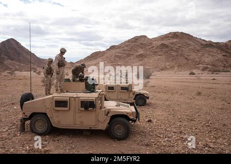 CAMP TITN, Jordanie (15 mars 2022) - États-Unis Marines affectées à l'équipe combinée anti-armure (CAAT), 2nd Bataillon, 24th Marines et membres du 61st Bataillon de la Force de réaction rapide, le groupe des forces spéciales du Roi Abdullah II engage des cibles avec M240B mitrailleuses dans une aire de tir des Forces armées jordaniennes (JAF) pendant l'exercice Intrepid Maven (IM) 22-1, à bord du Camp Titin, en Jordanie, 15 mars. La GI est une série d'engagements bilatéraux entre les États-Unis Les Forces du corps maritime, le Commandement central et le JAF qui offrent une occasion d'échanger des tactiques et des compétences militaires. L'IM 22-1 est la première de plusieurs engagements Banque D'Images