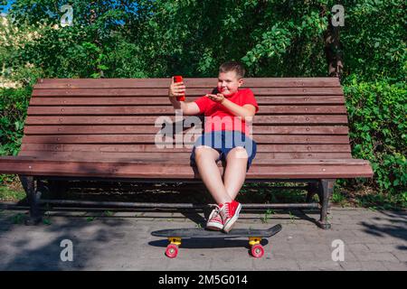 Garçon assis sur le banc et communique par chat vidéo à l'aide d'un smartphone et d'Internet. Banque D'Images