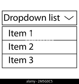 Liste déroulante avec éléments de menu sur fond blanc. La vue est à l'état développé. Panneau du bouton de la liste déroulante. style plat. Banque D'Images