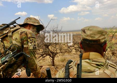 ÉTATS-UNIS Le capitaine de l'armée Nils A. Olsen, commandant de la compagnie, 1st Bataillon, 503rd Infantry Regiment, 173rd Airborne Brigade, discute de la zone d'engagement de l'ennemi avec le 2nd Lt. Kyle Weinberg, chef de peloton, 1st Bataillon, 503rd Infantry, 173rd Airborne Brigade, Au cours de la dernière activité de formation de l'exercice Accord justifié, 16 mars 2022. L'exercice d'un accord justifié permet aux États-Unis et à nos partenaires africains de soutenir une paix et une stabilité durables dans la région. Plus de 800 membres du personnel ont participé à l'exercice, qui comprenait un exercice multinational de formation sur le terrain et un exercice de poste de commandement du 28 février au mois de mars Banque D'Images