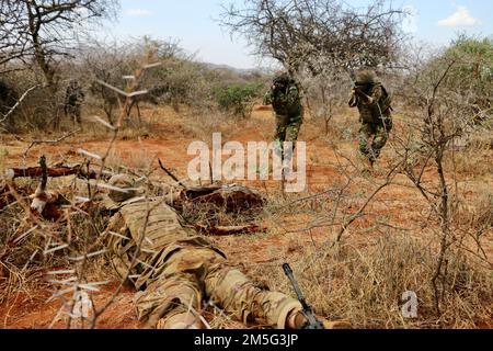 ÉTATS-UNIS Le soldat de l'armée, le SPC Joseph Martinez, du 1st Bataillon, 503rd Régiment d'infanterie, 173rd Brigade aéroportée, prend le feu lors d'un exercice d'entraînement de force sur le terrain avec des soldats de la Force de défense kenyane lors de l'exercice final de l'Accord justifié, 16 mars 2022. L'exercice d'un accord justifié permet aux États-Unis et à nos partenaires africains de soutenir une paix et une stabilité durables dans la région. Plus de 800 membres du personnel ont participé à l'exercice, qui comprenait un exercice multinational de formation sur le terrain et un exercice de poste de commandement, le 28 février, à 17 mars 2021. Banque D'Images
