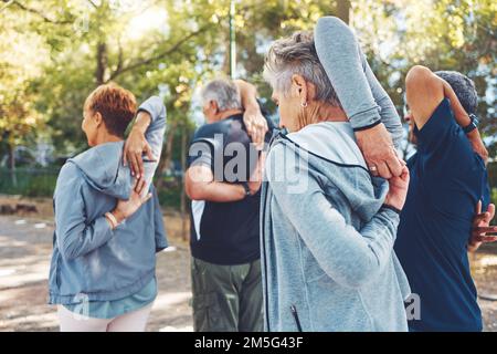 Fitness, nature et personnes âgées faisant des exercices d'étirement avant l'entraînement cardio dans un parc. Santé, bien-être et groupe actif d'amis âgés dans Banque D'Images