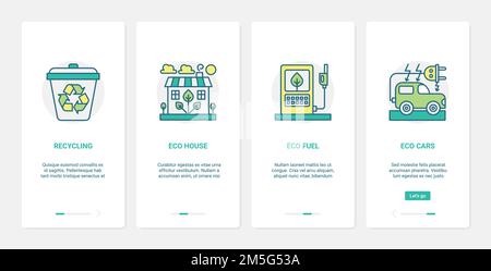 Technologie éco-maison pour préserver l'écologie de l'illustration du vecteur de terre. UX, UI Onboarding mobile application page Screen Set avec la ligne environnement recyclage symb Illustration de Vecteur