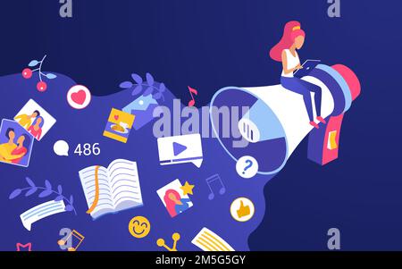 Illustration vectorielle de la technologie Web de la campagne de promotion du marketing numérique.Caricature minuscule influenceur blogger femme personnage assis sur promo mégaphone, s Illustration de Vecteur