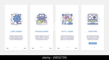 Jeux vidéo divertissement genres illustration vectorielle. UI, UX Onboarding mobile application page écran set avec la ligne abstraite de la logique de jeu de la tête humaine et puz Illustration de Vecteur