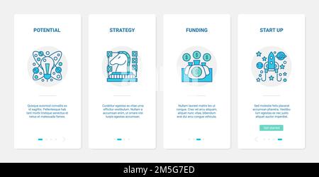 Illustration du vecteur de stratégie de réussite de démarrage d'entreprise.UX, UI Onding mobile application page écran set avec ampoule de ligne fusée réussi potentiel i Illustration de Vecteur