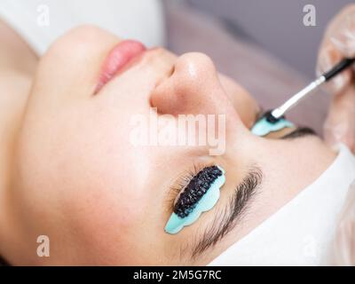 Gros plan portrait d'une femme sur la procédure de lamination des cils. Le maître applique la teinte aux cils. Banque D'Images