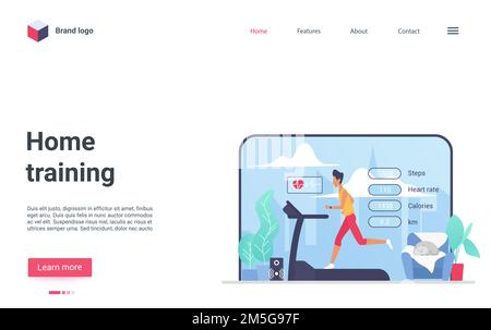 Illustration vectorielle de la technologie d'entraînement sportif à domicile.Dessin animé homme sportif personnage courant sur l'équipement de tapis de gym, coureur jogging dans actif Illustration de Vecteur