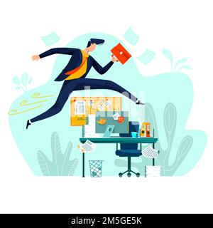 Entreprise - courir surmonter les obstacles, illustration de dessin animé vecteur de concept. Homme d'affaires en costume de bureau avec porte-documents à la main court et saute sur le bureau avec ordinateur, métaphore sur l'entreprise Illustration de Vecteur