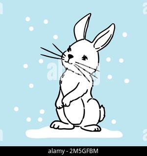 Illustration vectorielle. Mignon lapin dessiné à la main sur la neige Illustration de Vecteur