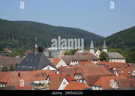 Vue de la Bayersturm à l'ancienne mairie et château de Lohr am main, Basse-Franconie, Franconie, Spessart, Bavière, Allemagne Banque D'Images