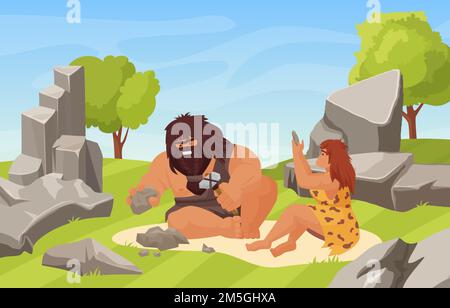 Les âges de pierre préhistoriques et les personnes de couple primitif travaillent illustration vectorielle. Caricature homme néandertal femme personnages assis, caveman tenant marteau Illustration de Vecteur
