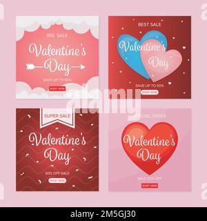 ensemble de saint valentin modèle de poste instagram avec arrière-plans abstraits, nuages, flèche, confetti, rouge, coeurs roses et bleus Illustration de Vecteur