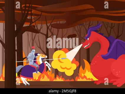 Le chevalier guerrier combat l'illustration du vecteur dragon. Caricature chevalier héros personnage cheval d'équitation avec bouclier et lance lutte contre le feu respiration dragon, elle Illustration de Vecteur