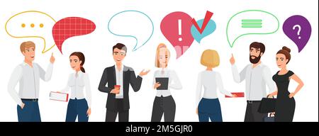 Illustration du vecteur de communication de l'équipe Business People. Homme d'affaires et femme d'affaires personnages debout, tenant un café ou une mallette, commun Illustration de Vecteur