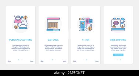 Illustration de vecteur de technologie de paiement et de livraison.UX, UI Onboarding mobile application page Screen Set avec code à barres de ligne sur les vêtements ou achat Go Illustration de Vecteur