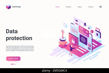 Service de protection des données, illustration vectorielle isométrique de la sécurité réseau.Lecteur d'empreintes digitales, porte-monnaie numérique sécurisé ou carte de crédit de la banque tec de cartoon 3D Illustration de Vecteur