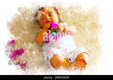 Joli jeu de bébé avec bougainvilliers fleur et sourire sur blanc couverture moelleuse. illustration. Banque D'Images