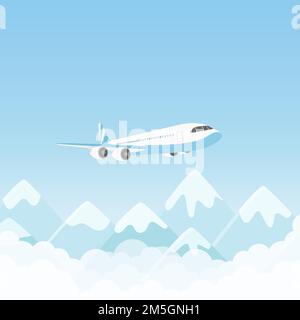 Vol en avion, avion aérien survolant des montagnes dans le ciel bleu illustration du vecteur.Cartoon affréter un avion avec des passagers ou le transport de fret Illustration de Vecteur