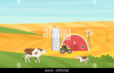 Illustration vectorielle de paysage rural de village écologique. Animaux de vache de dessin animé paître sur un pré vert, une grange de maison, un tracteur de ferme et une trémie de silo à grain Illustration de Vecteur