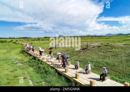 CHIFENG, CHINE - 10 AOÛT 2020 - photo aérienne prise sur 10 août 2020 montre aux touristes une visite sur un passage en bois sur les ruines de la capi supérieure Banque D'Images