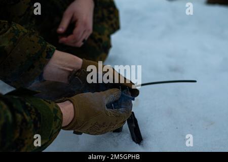 ÉTATS-UNIS Corps maritime le caporal Alfredo effectue un exercice de démolition dans l’arctique au cours de l’exercice Cold Response 2022 à Setermoen, Norvège, mars. 17, 2022. Galice est un ingénieur assistant de l'escadron de soutien de la Marine Wing 272, II Marine Expeditionary Force exercice Cold Response '22 est un exercice biennal national norvégien de préparation et de défense qui a lieu dans toute la Norvège, avec la participation de chacun de ses services militaires, Ainsi que de 26 autres pays alliés et partenaires régionaux de l'Organisation du Traité de l'Atlantique Nord. Banque D'Images