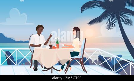 Couple personnes sur amour datant dans l'illustration vectorielle de café extérieur.Dessin animé jeune homme femme assis sur la terrasse de la plage tropicale de la mer, boire c Illustration de Vecteur