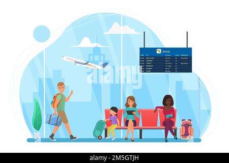 Des gens heureux voyagent, attendez à l'aéroport pour voir l'illustration du vecteur de vol de voyage. Homme de dessin animé personnage touristique marchant, jeune mère avec un enfant assis sur le siège Illustration de Vecteur