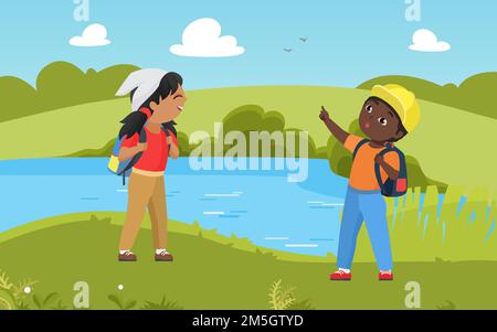 Les enfants rando dans la nature paysage d'été, scout d'enfant dans trekking aventure vecteur illustration.Dessin animé garçon fille enfant randonneur personnages avec sacs à dos Illustration de Vecteur