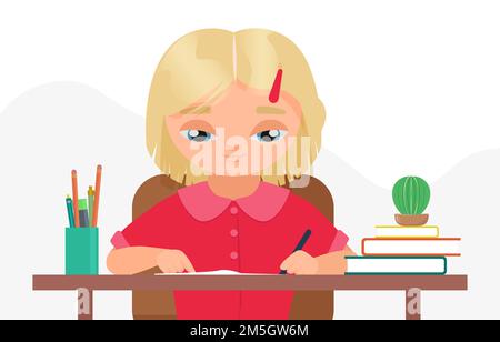 Illustrations vectorielles pour l'étude, l'éducation à la maison ou en classe.Dessin animé fille enfant personnage étudiant assis à la table, écriture et étudiant, t Illustration de Vecteur