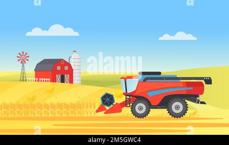 Moissonneuse de blé agricole travaillant dans le paysage rural du village, illustration de vecteur de travail agricole.Cartoon agricole agriculteur machine récolte sur compte Illustration de Vecteur