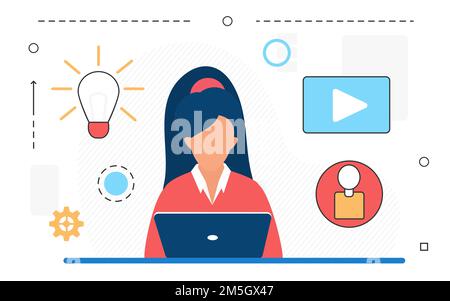 Femme d'affaires travaillant avec un ordinateur portable sur une illustration vectorielle de projet de démarrage en ligne.Dessin animé à distance, communication d'entreprise isolée sur blanc Illustration de Vecteur
