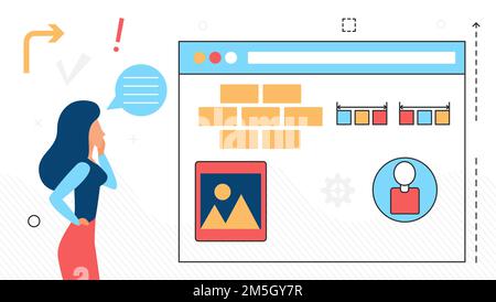 Développement de site Web, personnage de femme et d'analyse de contenu Web icône de ligne isolée sur blanc Illustration de Vecteur