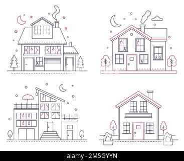 Vector Thin Line Icon Suburban American maisons.Architecture classique, construction civile illustrations pour infographie, web design et application interfac Illustration de Vecteur