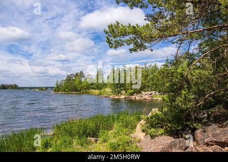 Côte de la mer Baltique avec rochers et arbres près de Figeholm en Suède. Banque D'Images