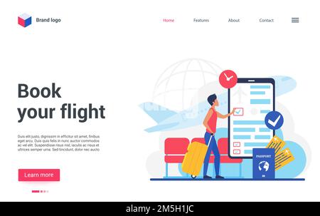 Page d'arrivée conception de site Web, personnage de bande dessinée voyageur réservation de billets d'avion en ligne, en utilisant l'application pour smartphone mobile pour l'enregistrement.Voyages d'affaires Illustration de Vecteur