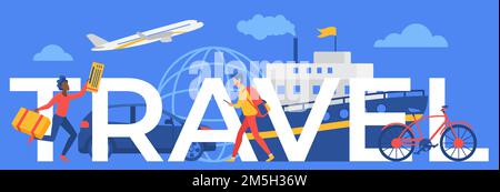 Illustration du vecteur de concept de mot de voyage.Caricature femme voyageur courant avec valise et billet d'avion ou de bateau de croisière, homme voyage touristique, wal Illustration de Vecteur